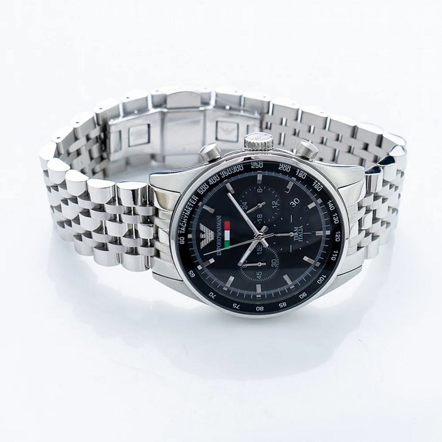 Front view of Emporio Armani AR5983 Tazio men’s watch with black dial and stainless steel silver strap