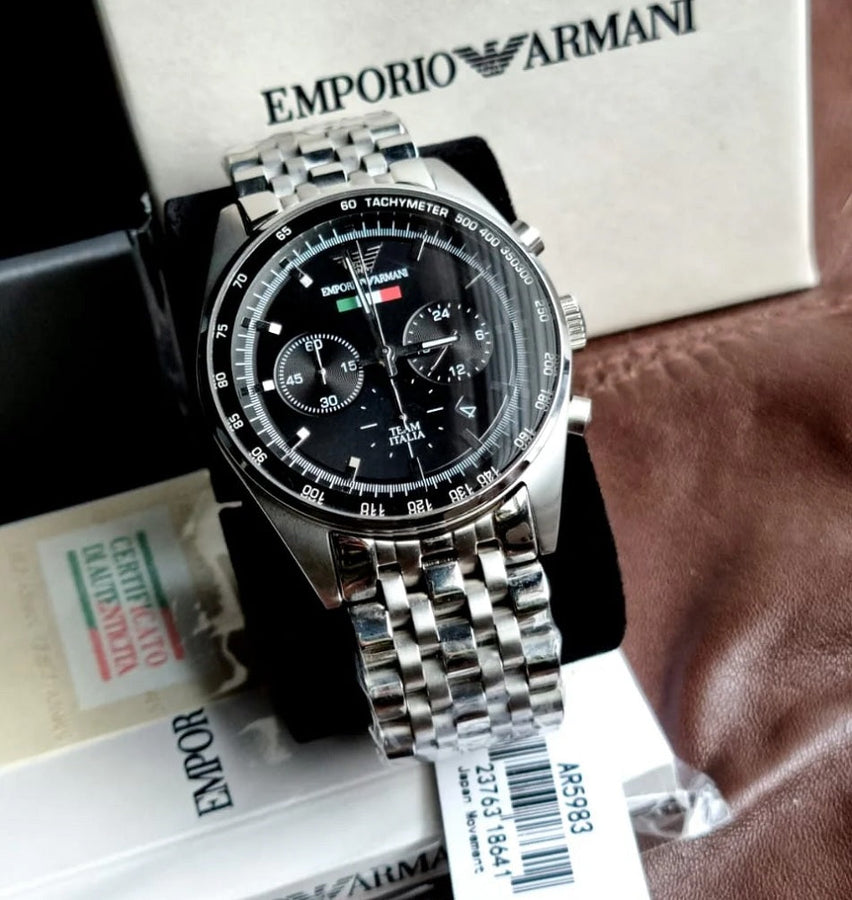 Front view of Emporio Armani AR5983 Tazio men’s watch with black dial and stainless steel silver strap