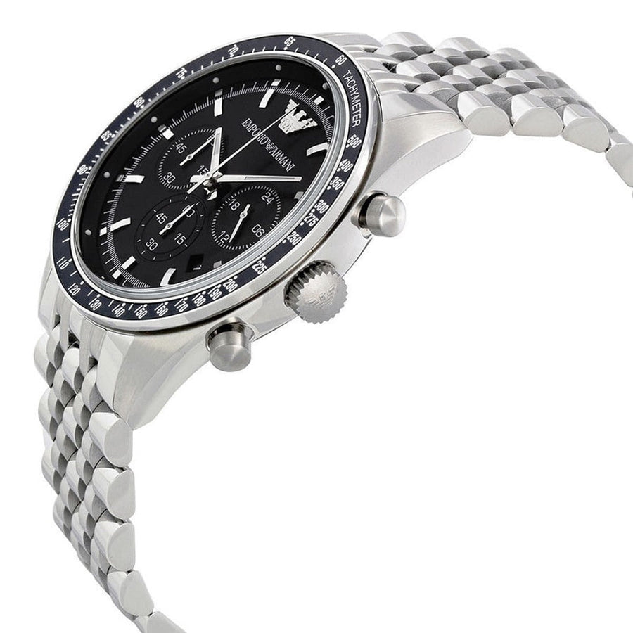 Front view of Emporio Armani AR5988 Sportivo men’s watch with black dial and stainless steel silver strap