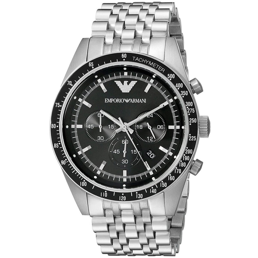 Front view of Emporio Armani AR5988 Sportivo men’s watch with black dial and stainless steel silver strap