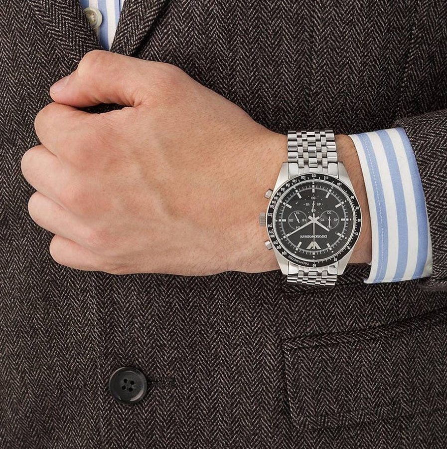 Front view of Emporio Armani AR5988 Sportivo men’s watch with black dial and stainless steel silver strap