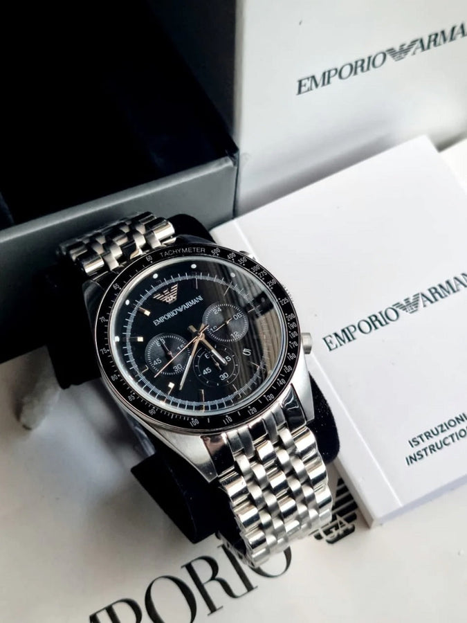 Front view of Emporio Armani AR5988 Sportivo men’s watch with black dial and stainless steel silver strap