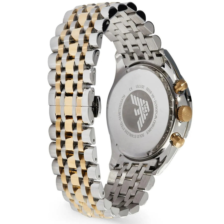 Front view of Emporio Armani AR8030 Tazio men’s watch with blue dial and two-tone silver and gold-tone strap