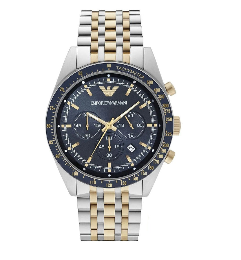 Front view of Emporio Armani AR8030 Tazio men’s watch with blue dial and two-tone silver and gold-tone strap