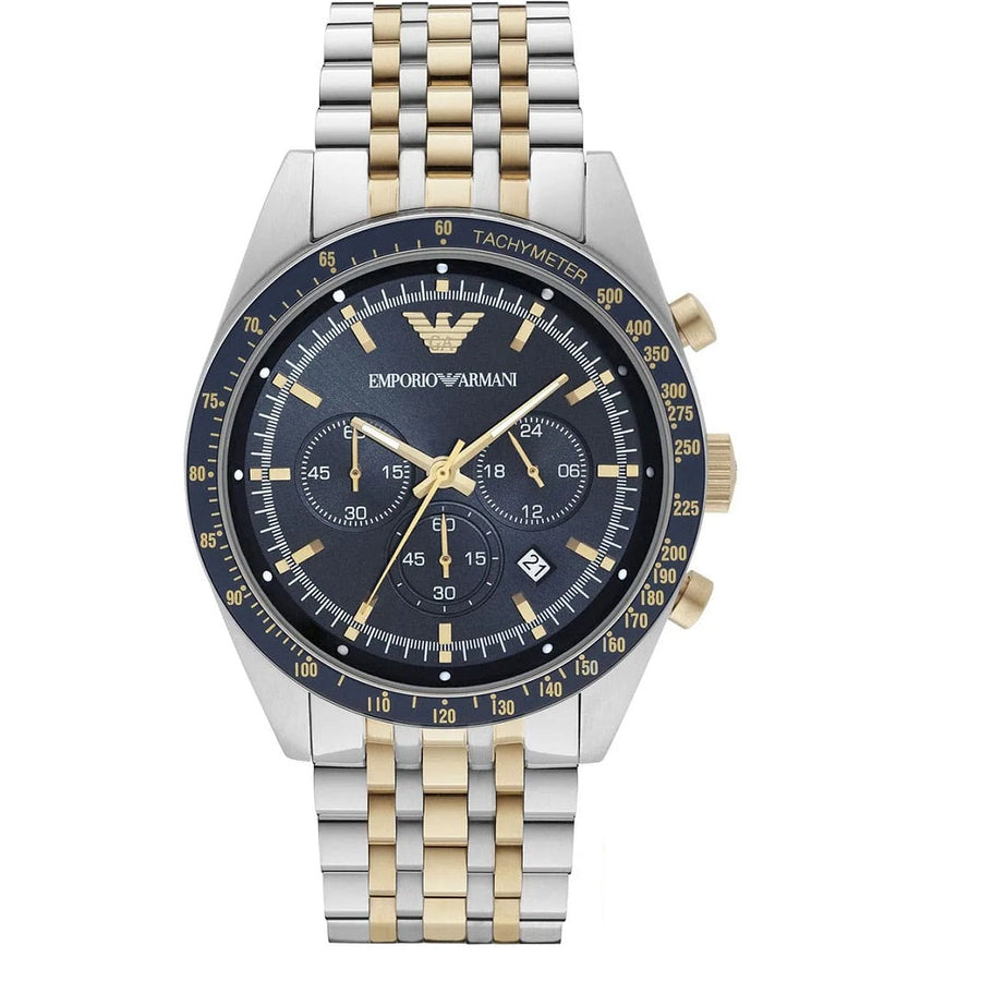 Front view of Emporio Armani AR8030 Tazio men’s watch with blue dial and two-tone silver and gold-tone strap