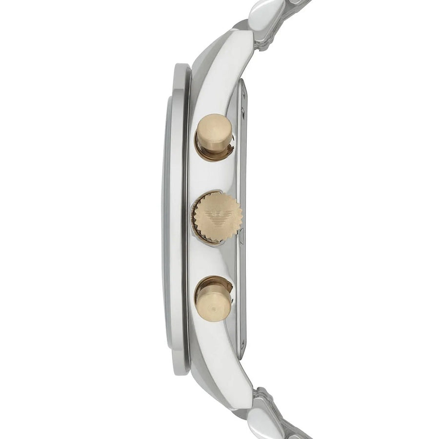 Front view of Emporio Armani AR8030 Tazio men’s watch with blue dial and two-tone silver and gold-tone strap