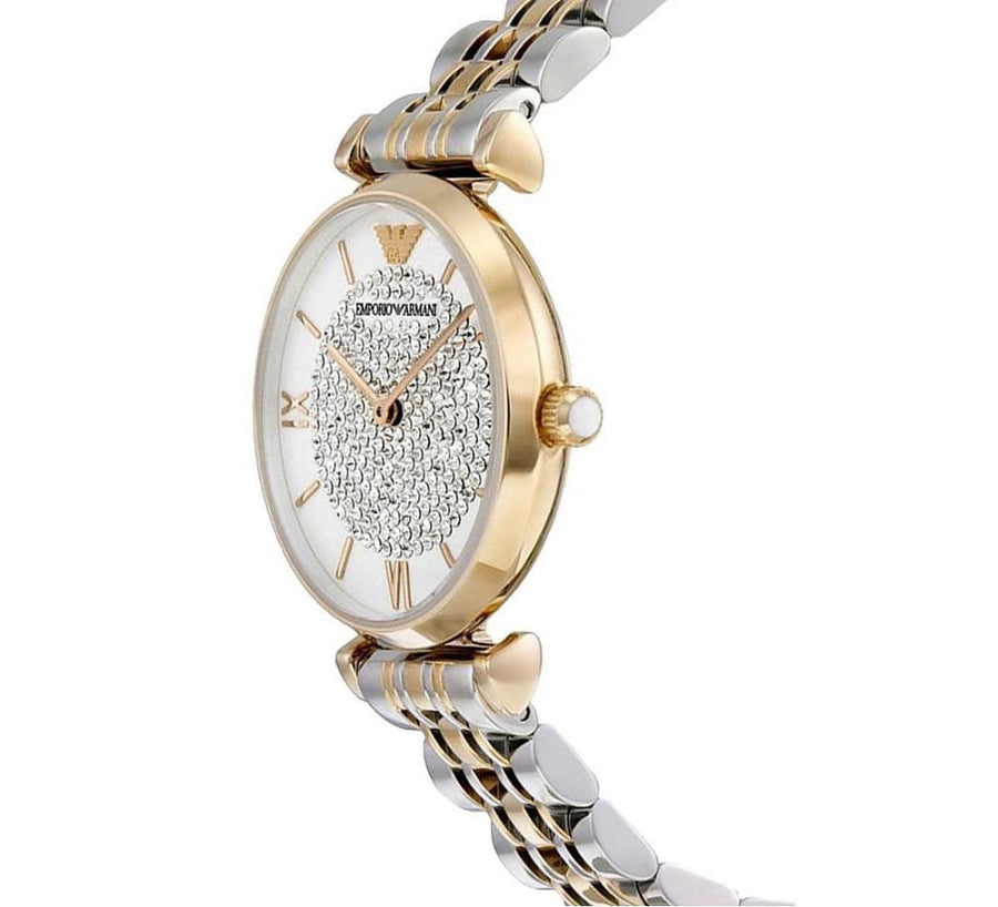 Front view of Emporio Armani AR8031 Gianni T-Bar women’s watch with white pave crystal dial and two-tone strap
