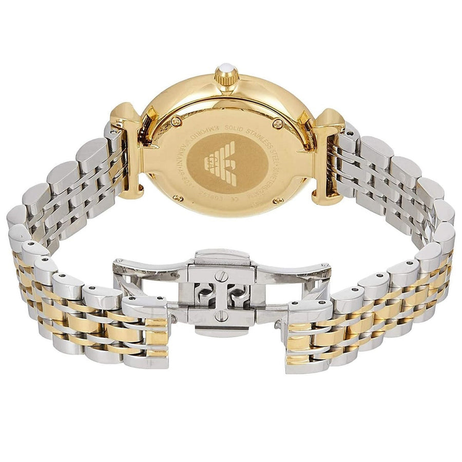 Front view of Emporio Armani AR8031 Gianni T-Bar women’s watch with white pave crystal dial and two-tone strap