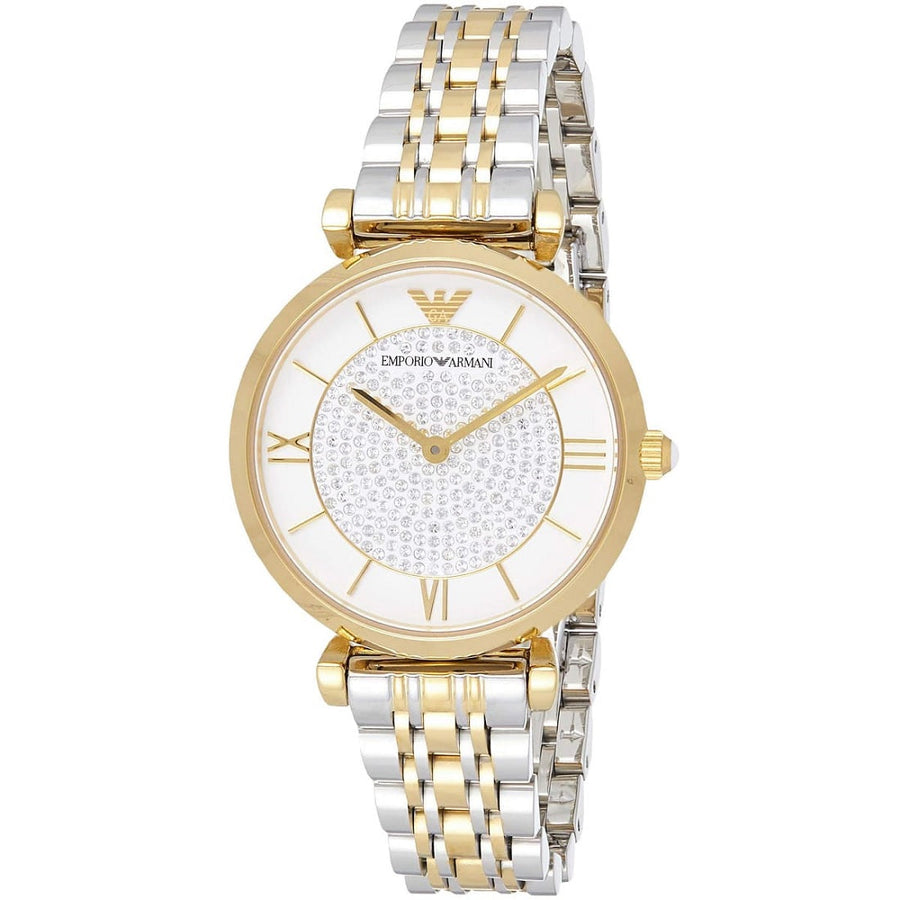 Front view of Emporio Armani AR8031 Gianni T-Bar women’s watch with white pave crystal dial and two-tone strap