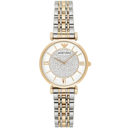 Front view of Emporio Armani AR8031 Gianni T-Bar women’s watch with white pave crystal dial and two-tone strap
