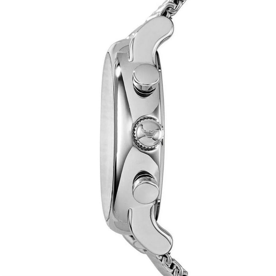 Front view of Emporio Armani AR1808 with black dial and silver mesh bracelet