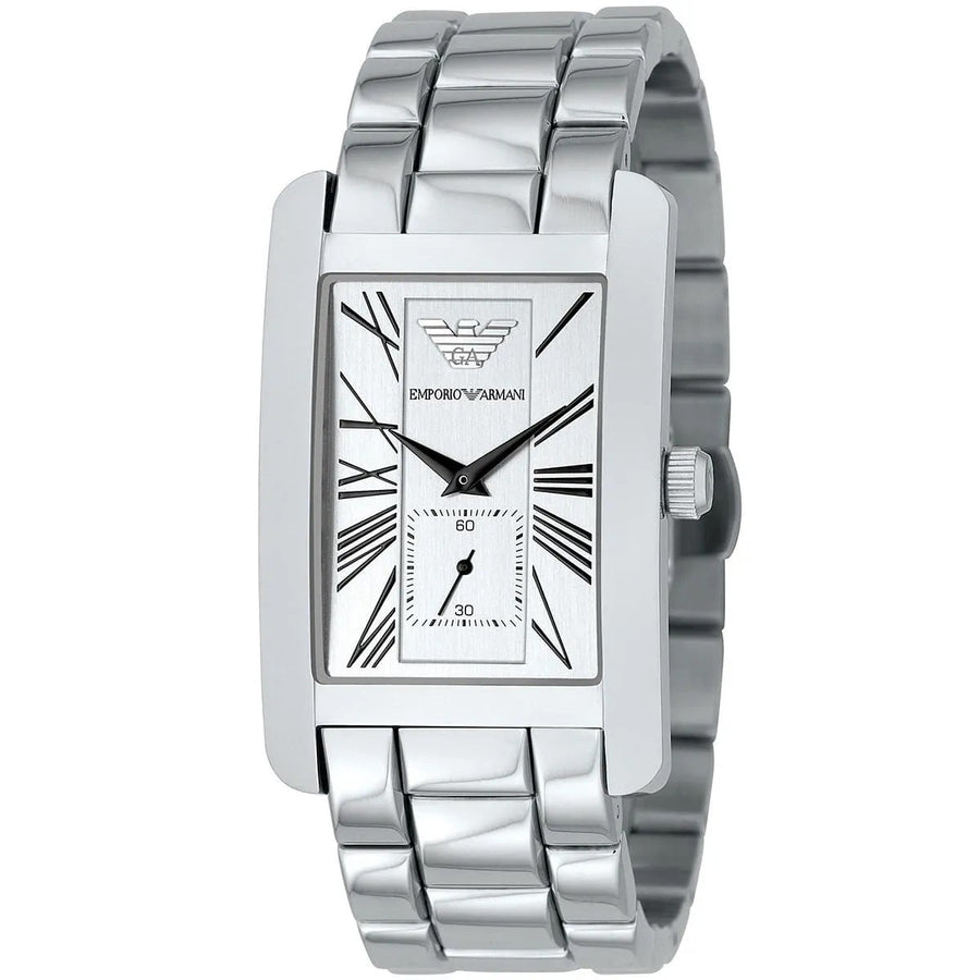 Close-up of Emporio Armani AR0145 white dial with minimalist design and classic rectangular shape