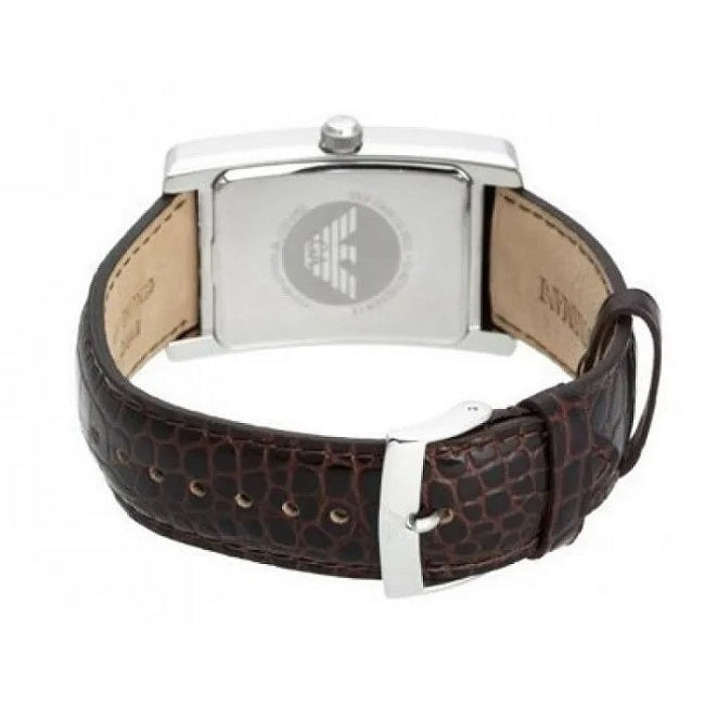 Front view of Emporio Armani AR0154 men’s watch with brown leather strap, beige dial, and silver case