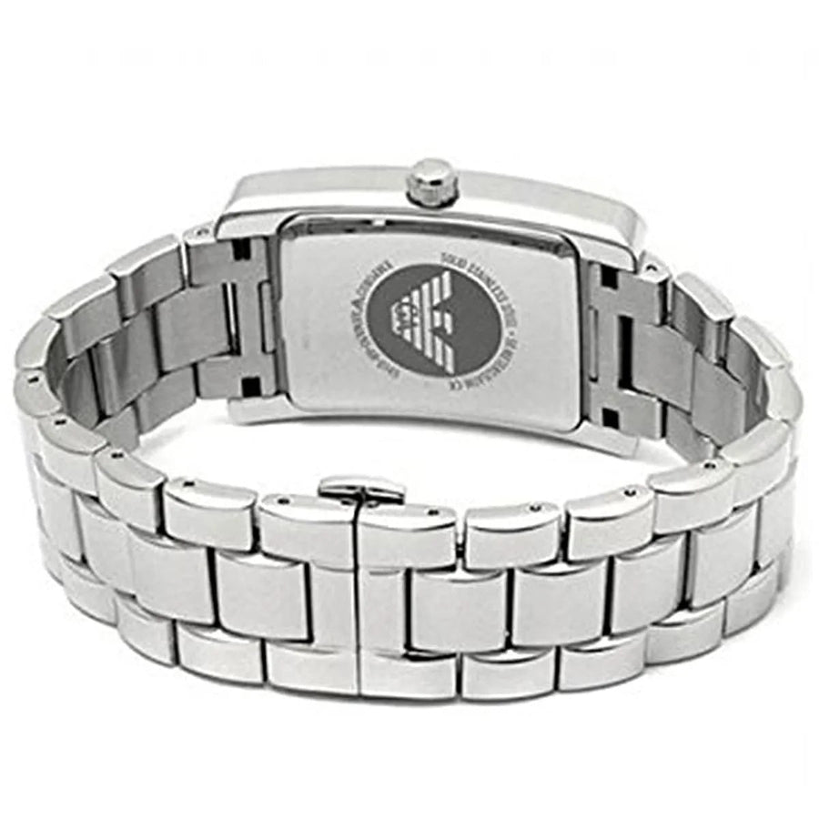 Front view of Emporio Armani AR0146 women’s stainless steel silver watch with white dial and classic design