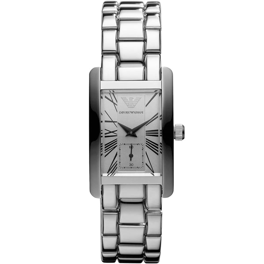Front view of Emporio Armani AR0146 women’s stainless steel silver watch with white dial and classic design
