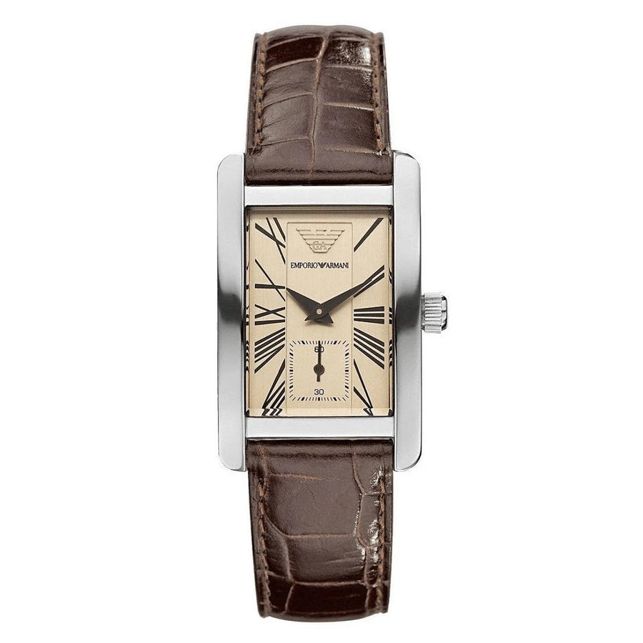 Front view of Emporio Armani AR0155 women’s watch with brown leather strap, beige dial, and silver case