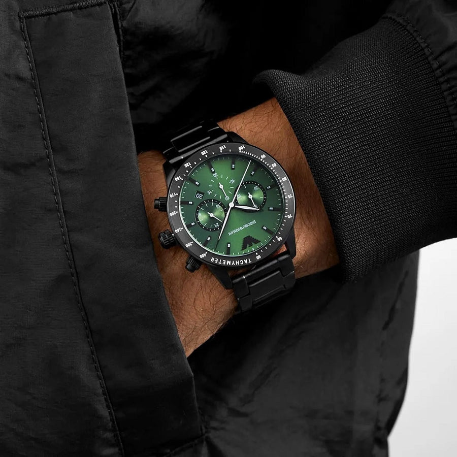 Front view of Emporio Armani AR11472 featuring vibrant green dial and black strap