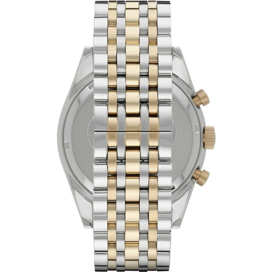 Front view of Emporio Armani AR6088 Tazio men’s watch with navy blue dial and two-tone silver and gold-tone strap