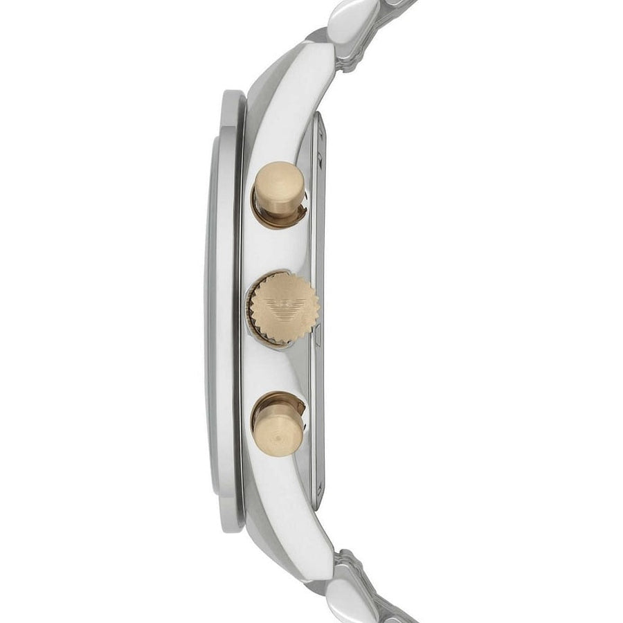 Front view of Emporio Armani AR6088 Tazio men’s watch with navy blue dial and two-tone silver and gold-tone strap