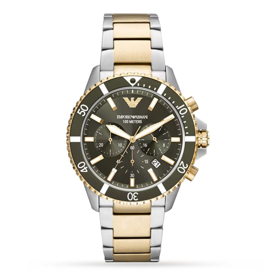 Emporio Armani Ar11361 Gold & Silver Stainless Steel Strap With Green Dial Watch For Men