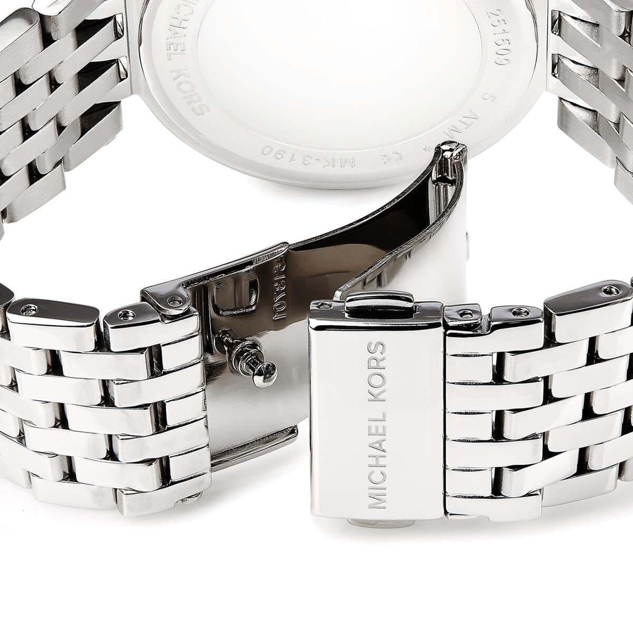 Front view of Michael Kors MK3190 women’s watch with silver strap and silver dial