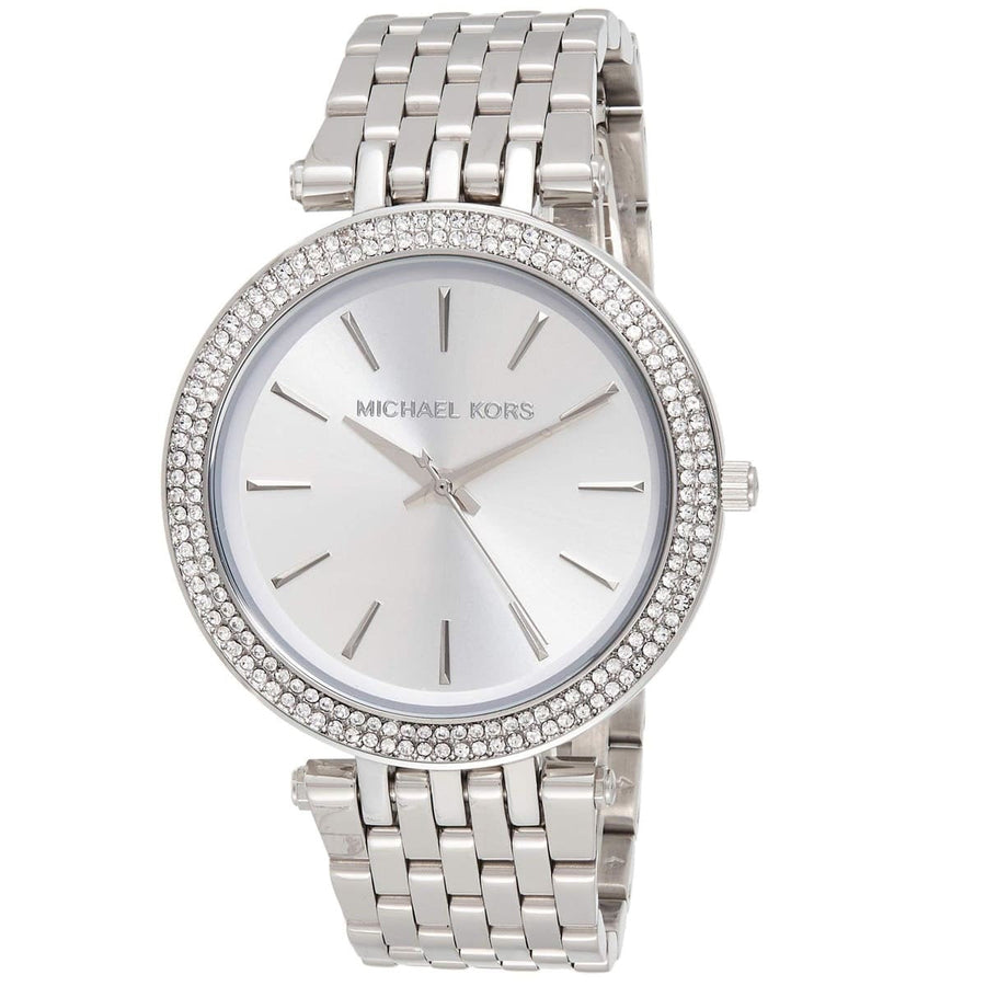 Front view of Michael Kors MK3190 women’s watch with silver strap and silver dial