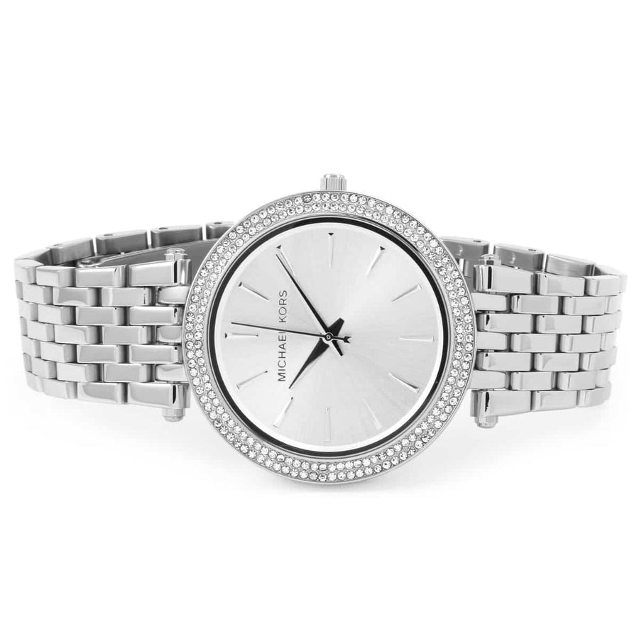 Front view of Michael Kors MK3190 women’s watch with silver strap and silver dial