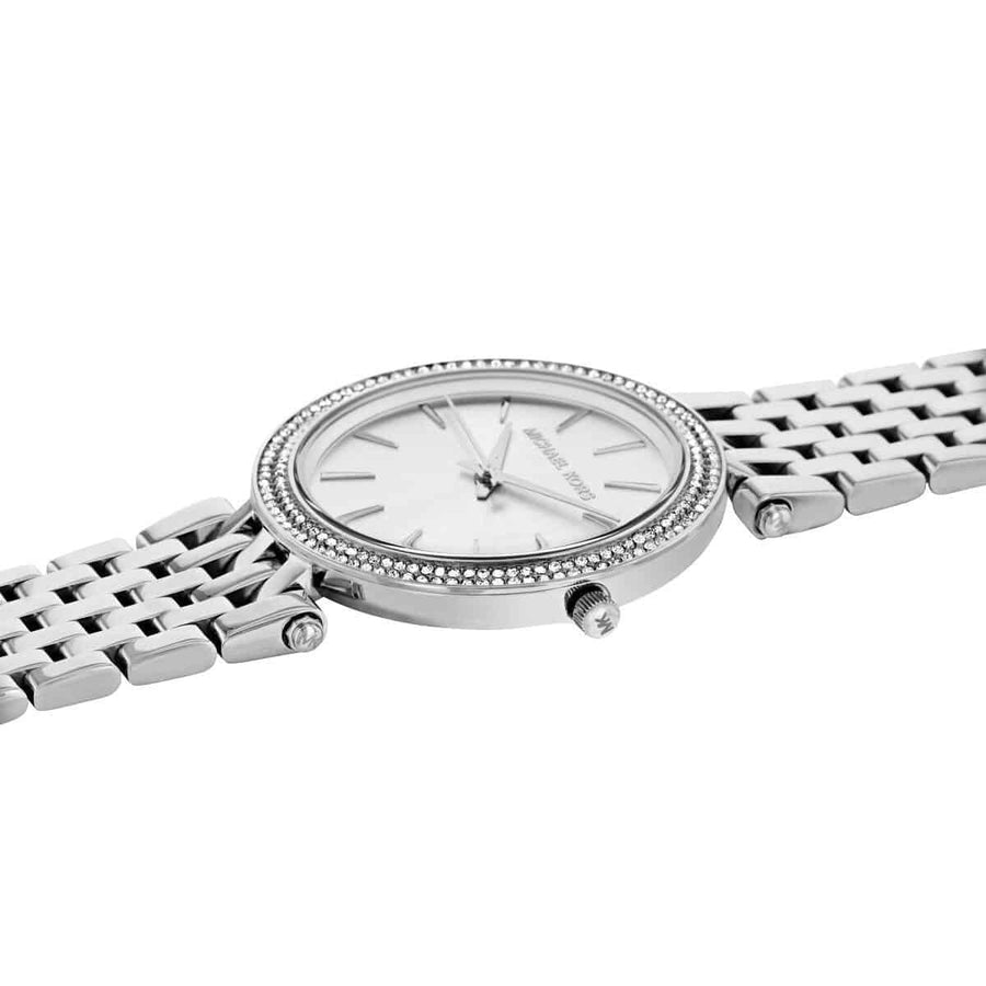 Front view of Michael Kors MK3190 women’s watch with silver strap and silver dial