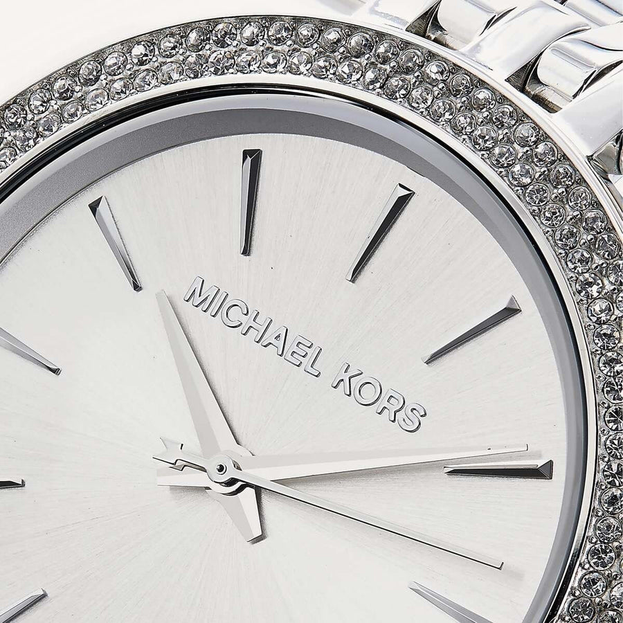 Front view of Michael Kors MK3190 women’s watch with silver strap and silver dial