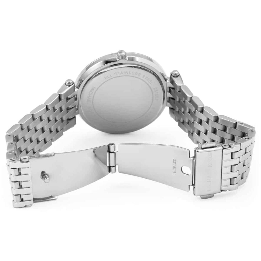 Front view of Michael Kors MK3190 women’s watch with silver strap and silver dial