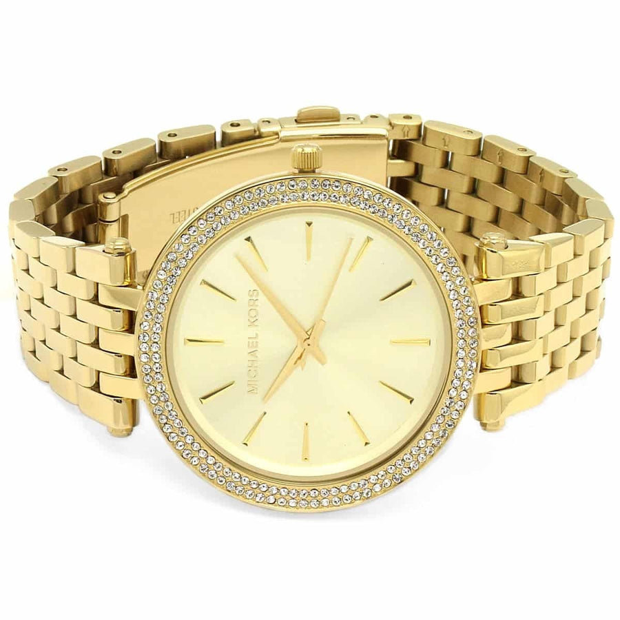 Front view of Michael Kors MK3191 women's watch with gold stainless steel strap, gold dial, and crystals