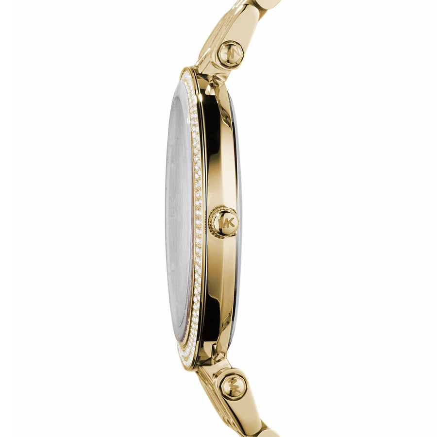 Front view of Michael Kors MK3191 women's watch with gold stainless steel strap, gold dial, and crystals