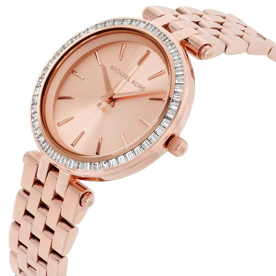 Front view of Michael Kors MK3366 with sparkling rose gold dial and crystal accents