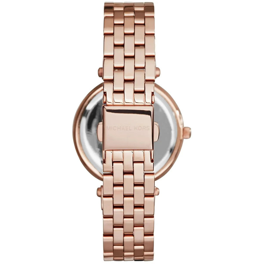 Front view of Michael Kors MK3366 with sparkling rose gold dial and crystal accents