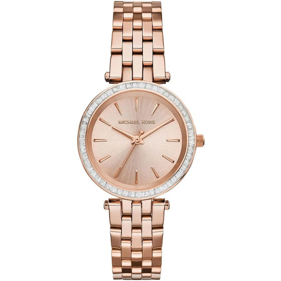 Front view of Michael Kors MK3366 with sparkling rose gold dial and crystal accents