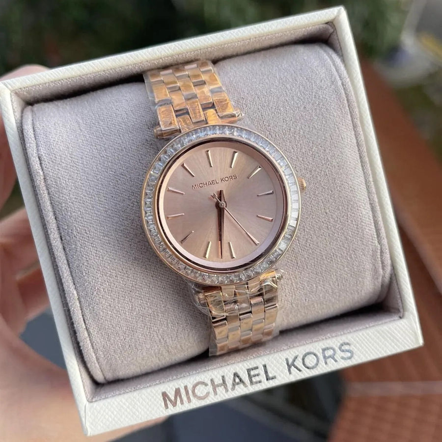 Front view of Michael Kors MK3366 with sparkling rose gold dial and crystal accents