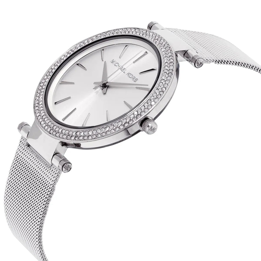 Front view of Michael Kors MK3367 with elegant silver dial and sparkling crystal accents
