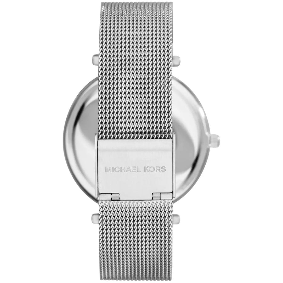 Front view of Michael Kors MK3367 with elegant silver dial and sparkling crystal accents