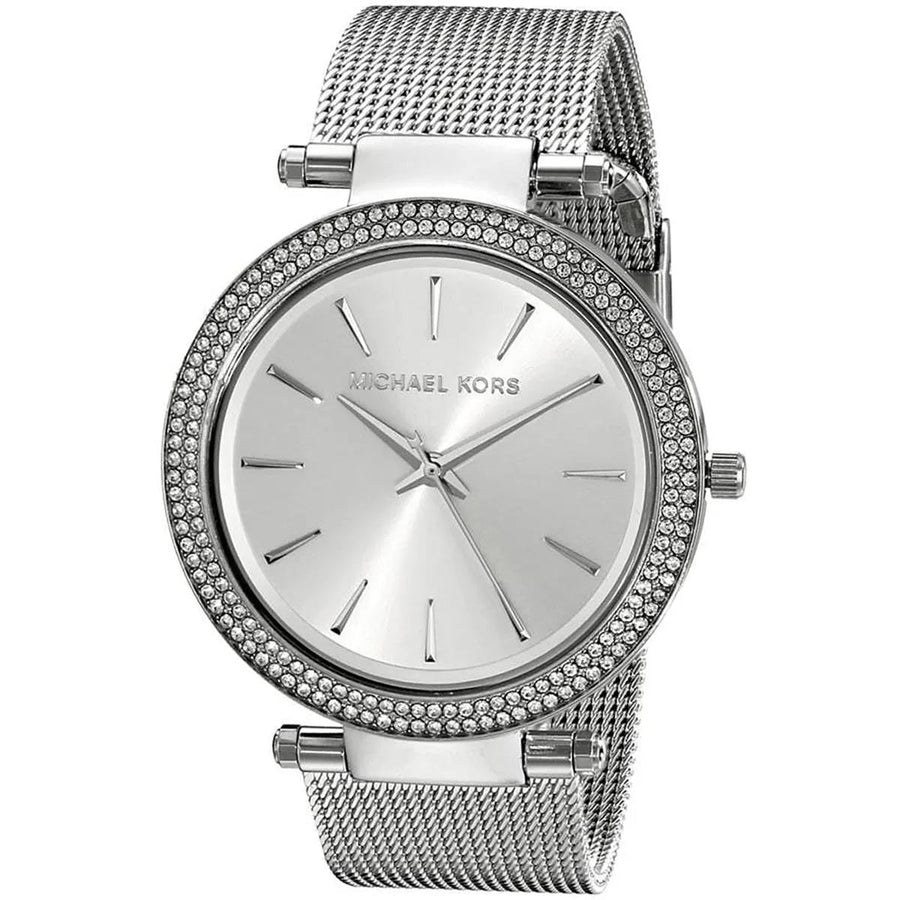 Front view of Michael Kors MK3367 with elegant silver dial and sparkling crystal accents