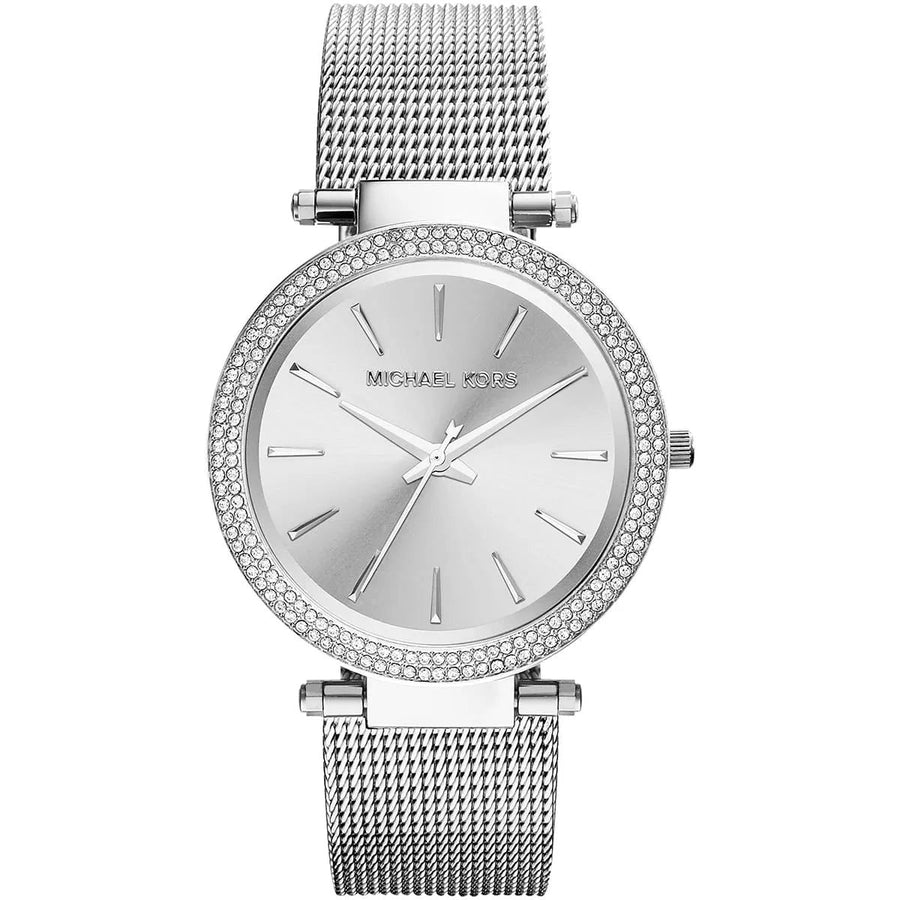 Front view of Michael Kors MK3367 with elegant silver dial and sparkling crystal accents