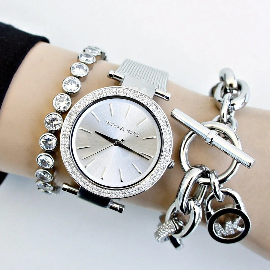 Front view of Michael Kors MK3367 with elegant silver dial and sparkling crystal accents