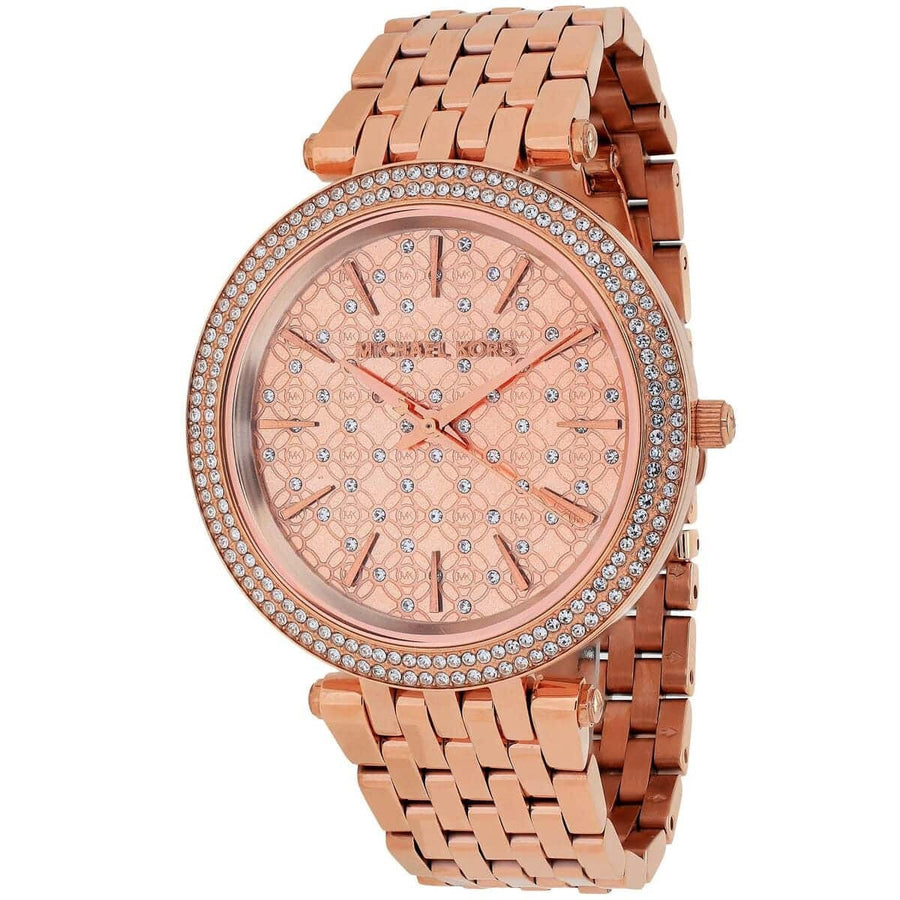 Front view of Michael Kors MK3399 showcasing rose gold crystal dial and matching strap