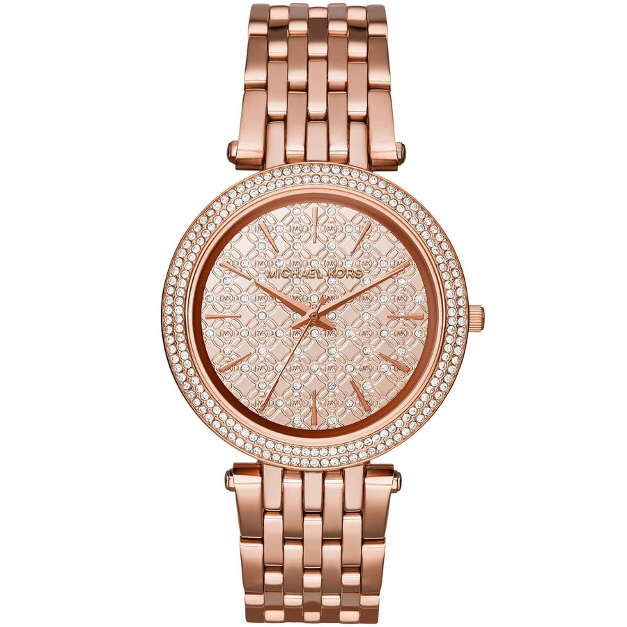 Front view of Michael Kors MK3399 showcasing rose gold crystal dial and matching strap
