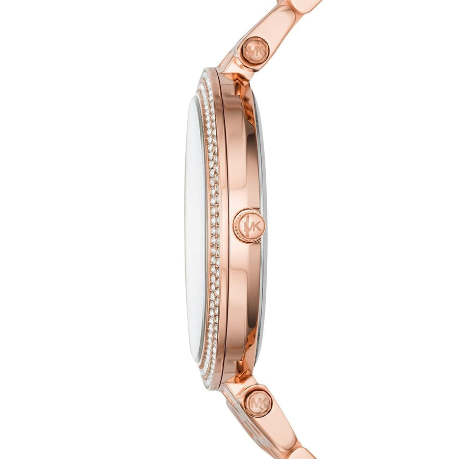 Front view of Michael Kors MK3399 showcasing rose gold crystal dial and matching strap