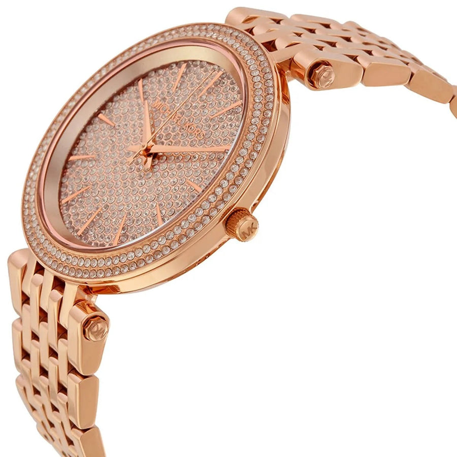 Front view of Michael Kors MK3439 featuring pavé crystal dial and full rose gold finish