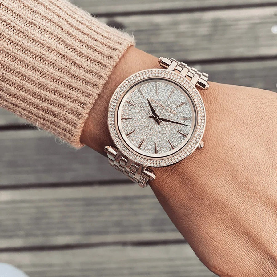 Front view of Michael Kors MK3439 featuring pavé crystal dial and full rose gold finish