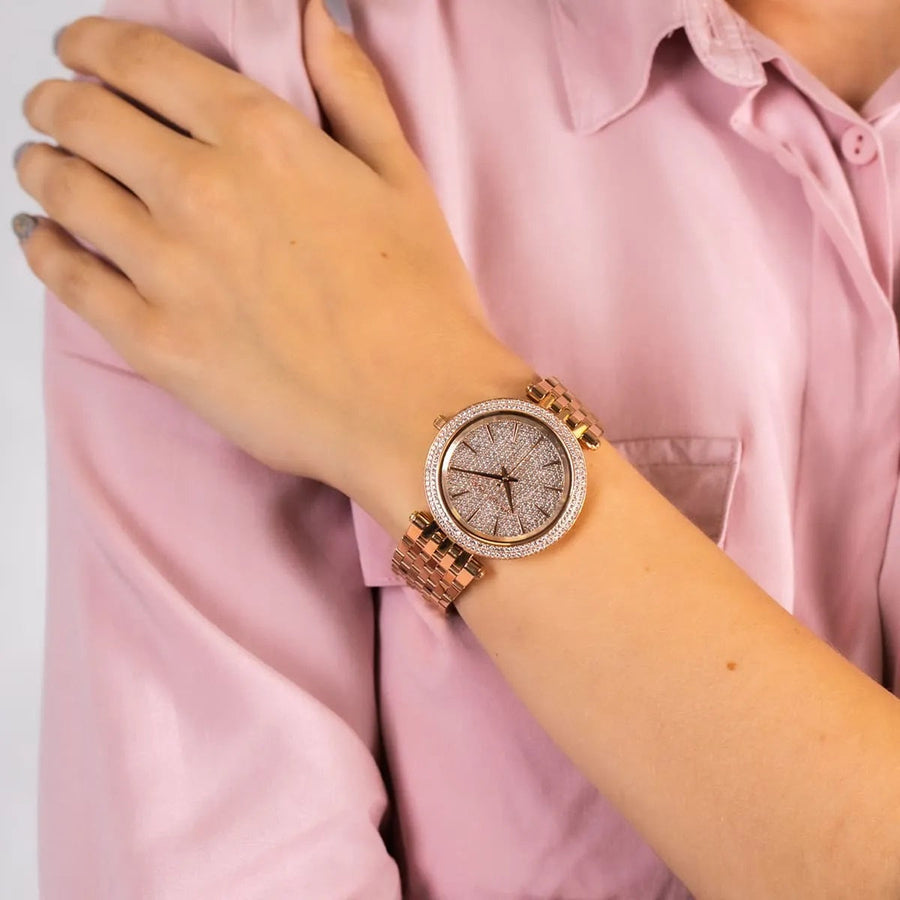 Front view of Michael Kors MK3439 featuring pavé crystal dial and full rose gold finish