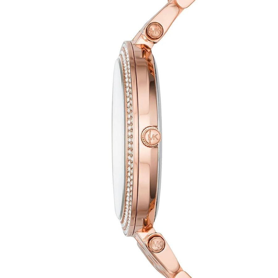 Front view of Michael Kors MK3439 featuring pavé crystal dial and full rose gold finish