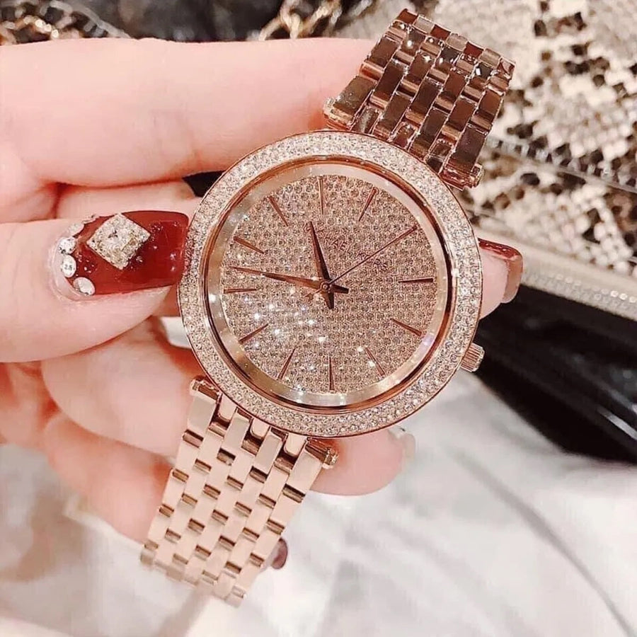 Front view of Michael Kors MK3439 featuring pavé crystal dial and full rose gold finish