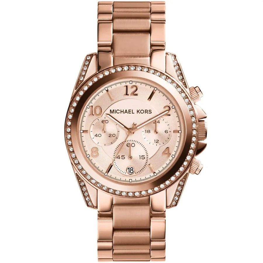 Front view of Michael Kors MK5263 showcasing rose gold dial and crystal-set bezel